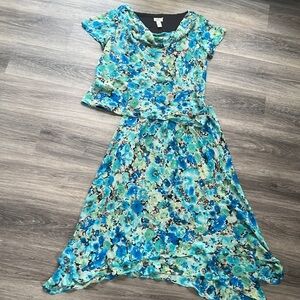 Women’s Teal Floral Chiffon Skirt and blouse Set 16W Vintage